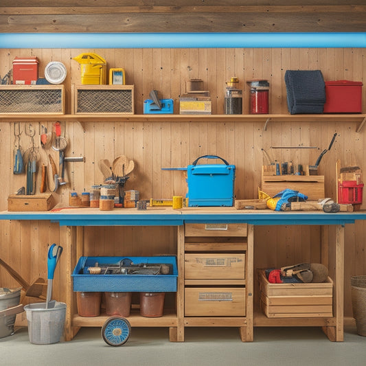 A clutter-free workshop with a pegboard on the wall, holding various tools, and nearby, a wooden crate with labeled dividers, a toolbox with open drawers, and a roll-around cart with baskets.