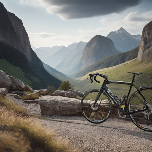 A serene mountain landscape with a winding road, a sleek, high-performance road bike leaning against a stone wall, and a few carefully arranged cycling accessories in the foreground.