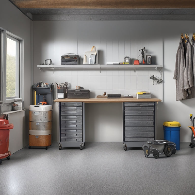 A tidy garage workspace with a small, silver rolling tool chest (approx. 24" wide) in the center, surrounded by neatly organized tools and accessories on a gray concrete floor.