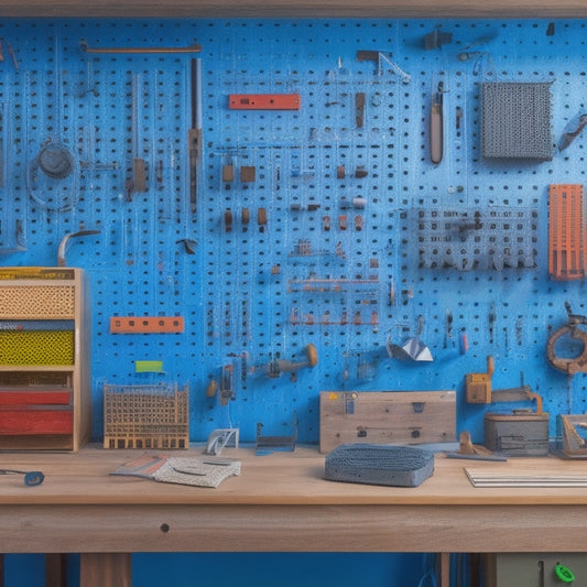 A clutter-free workshop background with various tool pegboards of different shapes and sizes, featuring a computer screen displaying a pegboard design software interface with multiple tabs and 3D visualization.