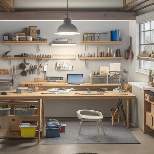 A clutter-free workshop with a central workbench, surrounded by labeled storage bins, a pegboard with organized tools, and a whiteboard with a to-do list, illuminated by natural light and a desk lamp.