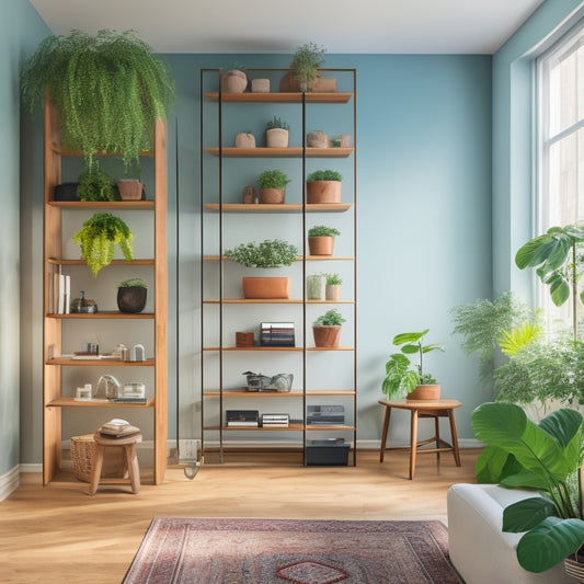 A clutter-free, minimalist apartment with a murphy bed, storage ottoman, and hanging shelves, featuring a ladder leaning against a floor-to-ceiling bookcase, with a few potted plants on top.
