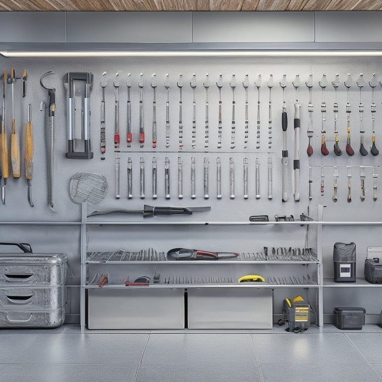 A well-organized garage with a sleek, silver wall-mounted tool storage system, holding an array of neatly arranged tools, including wrenches, pliers, and screwdrivers, against a clean, gray concrete background.