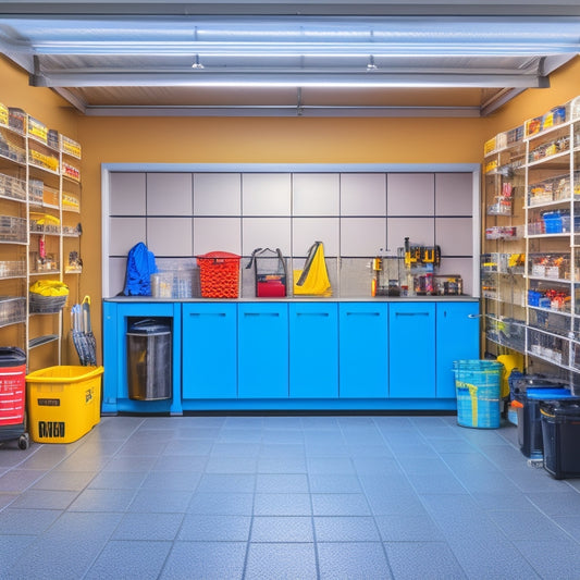 A well-lit, neatly arranged garage interior with sleek shelving, labeled bins, and a slatwall with hooks, baskets, and a few strategically hung tools, surrounded by a clean, epoxy-coated floor.