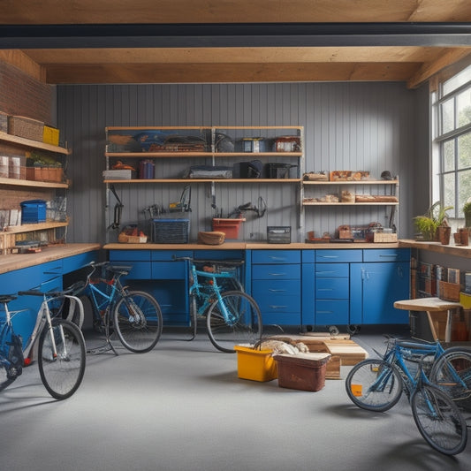 A tidy, well-lit garage with a compact rolling shelving unit, 3-4 tiers high, holding various tools and storage bins, surrounded by a workbench, toolbox, and a few bicycles in the background.