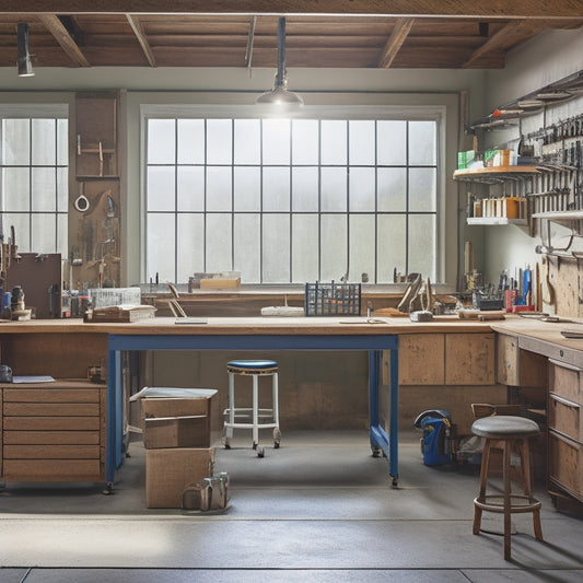 A well-organized workshop with a sturdy, L-shaped workbench featuring multiple drawers and a pegboard, surrounded by various tools and equipment, with ample natural light and a polished concrete floor.