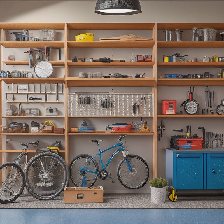 A clutter-free, well-organized garage workshop with a pegboard on the wall, a compact rolling cabinet, and a hanging bike, surrounded by neatly arranged tools and accessories.