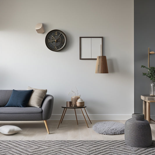 A minimalist living room with a geometric-patterned rug, featuring a wall-mounted wooden shelf with rounded edges, holding a few stylish hats and a minimalist clock, alongside a set of modern, sleek wall hooks.