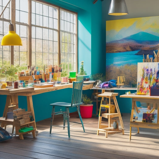 A vibrant, sunlit art studio with easels, paint-splattered tables, and shelves stocked with various art supplies, surrounded by joyful, engaged children of diverse ages and abilities, lost in creative expression.
