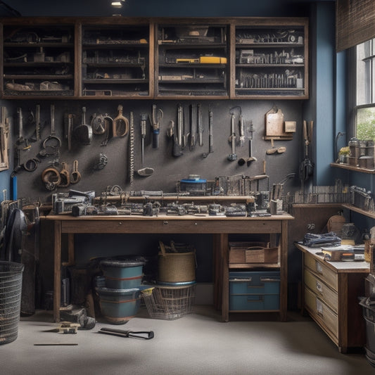 A cluttered workshop with scattered tools, tangled cords, and open drawers, contrasted with a sleek, organized storage system featuring labeled bins, a pegboard, and a rolling cabinet with precise tool arrangements.