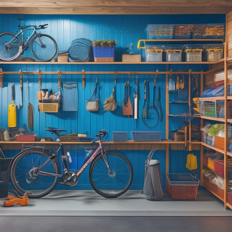 A well-organized garage with a pegboard covered in hanging tools, bins, and baskets, alongside a sleek shelving unit with labeled storage containers and a few bicycles suspended from the ceiling.