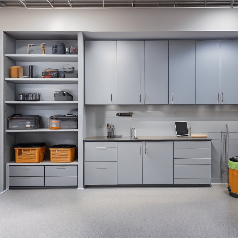 A modern garage interior with sleek, gray wall-mounted cabinets featuring adjustable shelves, soft-close doors, and a matte finish, surrounded by neatly organized tools and equipment.