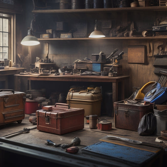 A cluttered workshop background with various portable tool boxes in different sizes, materials, and brands, with tools and accessories spilling out of some, and a few open to reveal organized interiors.