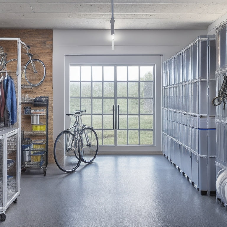 A tidy garage interior with sleek, silver racks holding organized bins, bicycles, and storage containers, surrounded by a polished concrete floor and bright, natural light pouring in through a large window.