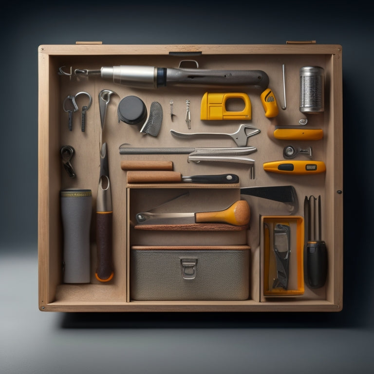 A well-organized, open tool box with a wooden handle, containing a hammer, tape measure, level, pliers, screwdrivers, wrench, utility knife, and a small parts tray, set against a clean, light-gray background.