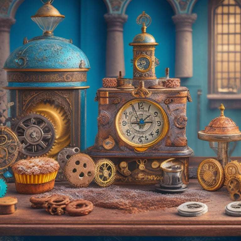 A whimsical illustration of a steampunk-inspired bakery, with intricately designed cookies shaped like miniature clockwork machines, gears, and cogs, surrounded by vintage gears and clock faces.