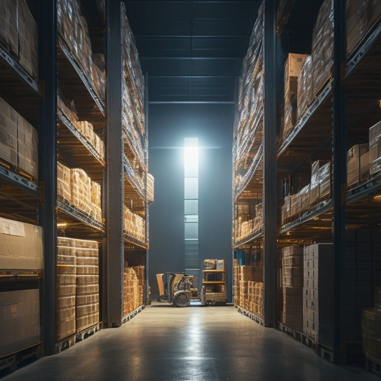 A dimly lit warehouse with rows of tall, silver shelving units stacked with crates, boxes, and pallets, illuminated by a single, overhead LED light, with a forklift parked in the center aisle.