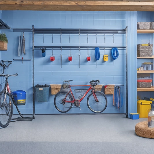 A well-organized garage with a slatwall featuring hooks, bins, and a pegboard, alongside a floor-to-ceiling shelving unit, a workbench with cabinets, and a hanging bike storage rack.