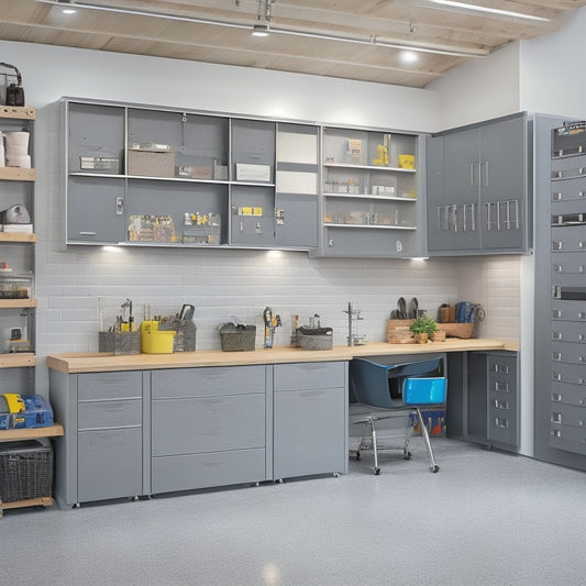 A well-organized garage with sleek, silver, and gray cabinets featuring soft-close drawers, a built-in workbench, and a pegboard with neatly hung tools, set against a clean, light-gray concrete floor.