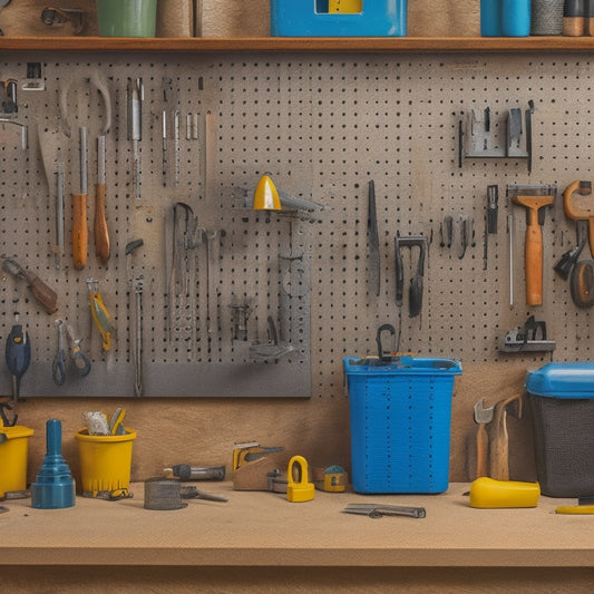 A pegboard with various tools and accessories organized and hung, surrounded by a clean and clutter-free workshop with a wooden workbench and a few scattered screws and bolts.