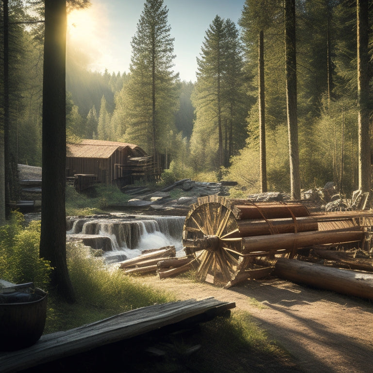 A serene, sun-drenched sawmill scene: rustic wooden beams, vintage machinery, and stacks of freshly cut lumber, surrounded by lush greenery and a winding creek in the background.