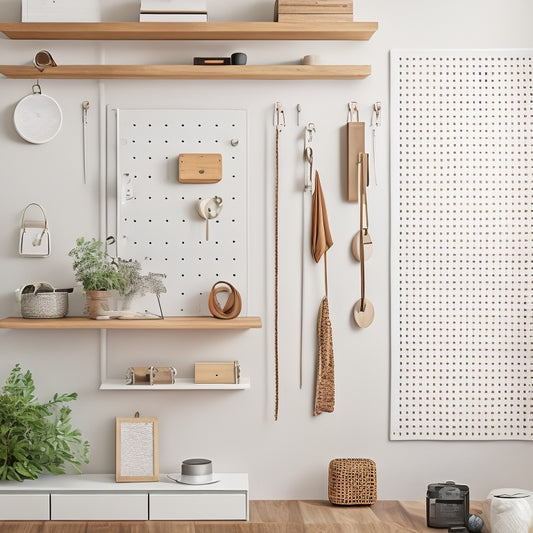 A modern, minimalist room with a large, wooden pegboard on a crisp white wall, adorned with sleek, metallic hooks holding various stylish accessories and decor in a harmonious, asymmetrical arrangement.