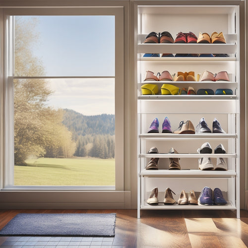 A spacious, stylish room features a sleek, adjustable modular shoe rack with multiple levels, holding a variety of colorful shoes. Soft sunlight filters through a nearby window, illuminating the organized and versatile design.