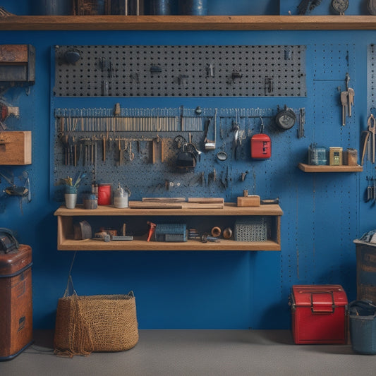 A clutter-free workshop with a pegboard adorned with neatly organized tools, a keyring with labeled keys, and a small, locked cabinet in the corner, with a subtle hint of a toolbox in the background.