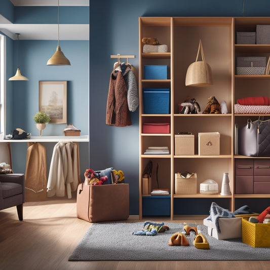 A tidy living room with 3-4 hanging storage boxes in various sizes and colors, suspended from a wooden coat rack, holding organized items like folded clothes, toys, and books.