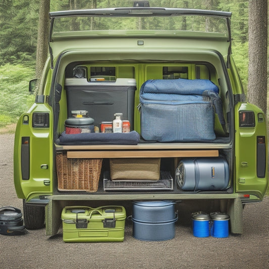 A neatly organized truck box storage with camping gear, including a rolled sleeping bag, stacked coolers, and a vertical rod holding fishing rods, with a subtle forest background.