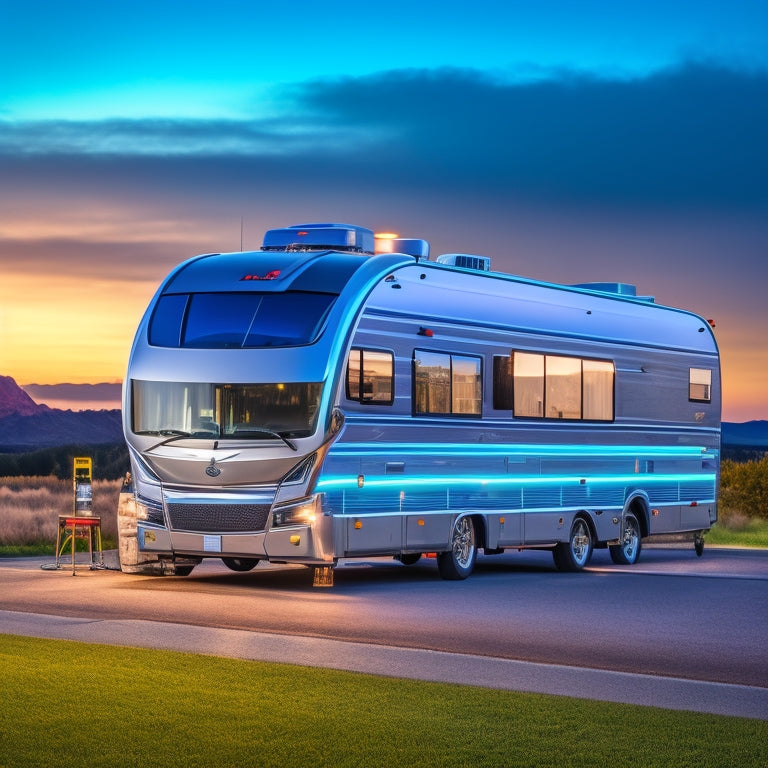 A sleek, silver RV with gleaming chrome accents, surrounded by tools and gadgets, featuring a futuristic rooftop solar panel array, a state-of-the-art grille, and a bold, neon-lit undercarriage.