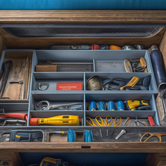 A tidy tool drawer with dividers, small parts bins, and labeled compartments, featuring a mix of hand tools, power tools, and fasteners, with a subtle background of a workshop or garage.
