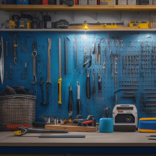 A well-lit pegboard with various tools and accessories, such as wrenches, pliers, and screwdrivers, arranged in a visually appealing and organized manner, with a subtle background of a workshop or garage.