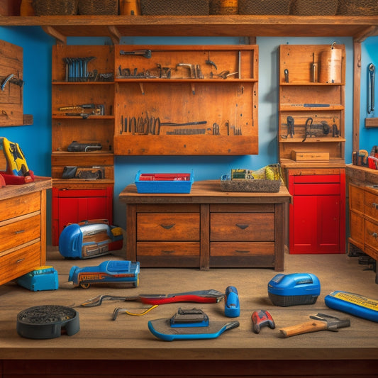 A clutter-free workshop with 7 assorted tool storage totes, each uniquely designed and labeled, sitting on a wooden workbench surrounded by organized power tools and DIY project materials.
