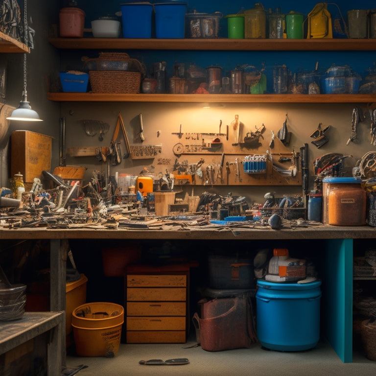 A cluttered workshop with scattered tools, half-finished projects, and overflowing shelves, contrasting with a small, organized corner featuring labeled bins, a pegboard, and a tidy workbench.