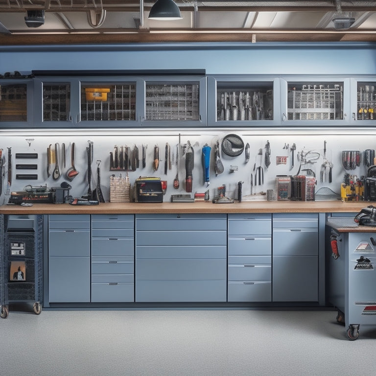 A clutter-free garage with a large, stainless steel tool chest cabinet in the center, surrounded by organized workstations, neatly arranged hand tools, and a few power tools on the walls.