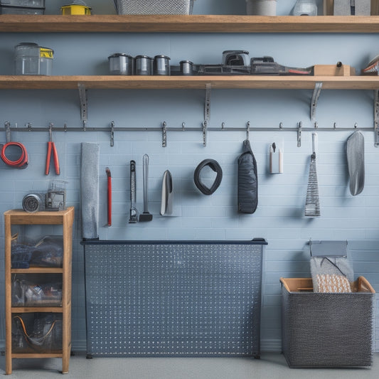 A clutter-free garage with a large, wall-mounted VEVOR pegboard, surrounded by neatly organized tools and accessories, with hooks, bins, and baskets, against a clean, gray concrete background.