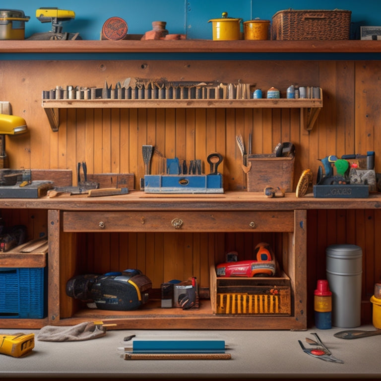 A well-organized tool chest workstation with a wooden top, metal drawers, and a pegboard backdrop, surrounded by neatly arranged hand tools, power tools, and a few projects in progress.