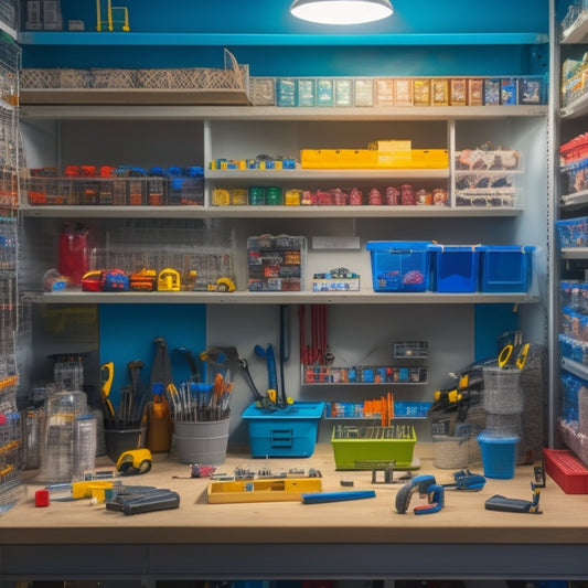 A tidy workshop with rows of transparent plastic bins, labeled by color-coded stickers, storing various tools and supplies on a pegboard, surrounded by a clean and organized workbench.