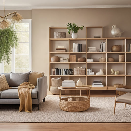 A serene, well-lit living room with a sleek, minimalist couch, floor-to-ceiling shelves with woven baskets, and a compact, multi-tiered coffee table with hidden storage compartments.