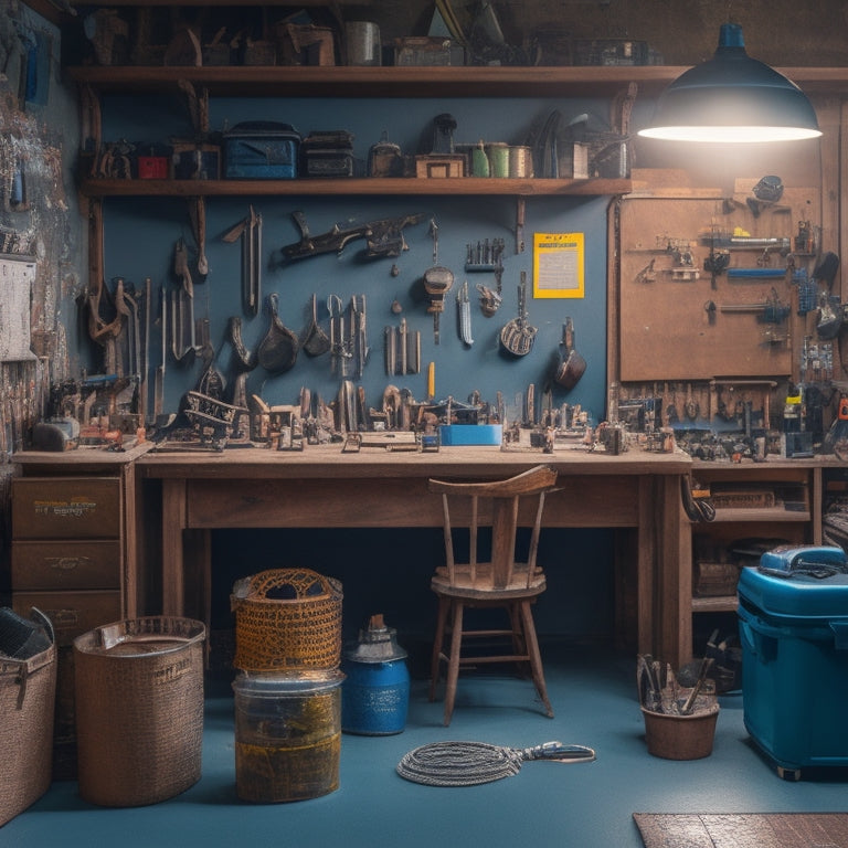 A cluttered workshop with scattered tools, contrasted with a neat and organized workspace featuring a compact, affordable tool storage system with labeled bins and a pegboard.