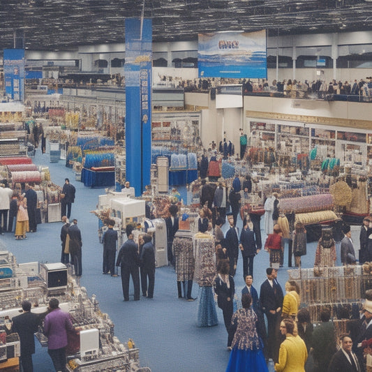 A vibrant scene depicting a bustling trade show floor, with elegantly dressed professionals mingling amidst rows of colorful embroidery machines, threads, and intricately stitched fabric displays.