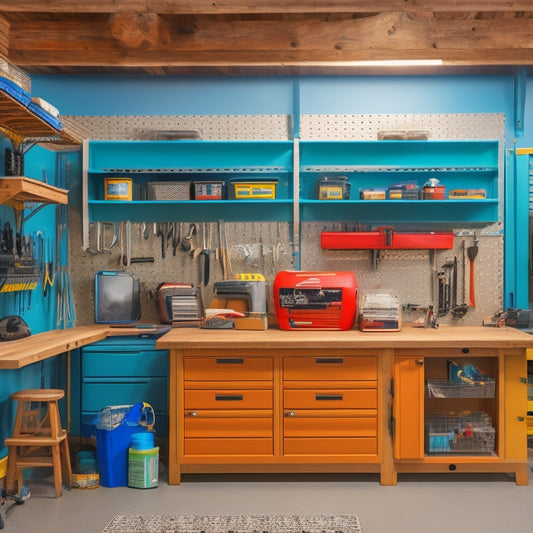 A clutter-free small garage workshop with a central workbench, pegboard-covered walls, and a slatwall storage system, surrounded by a mix of shelving units, cabinets, and a rolling tool chest.