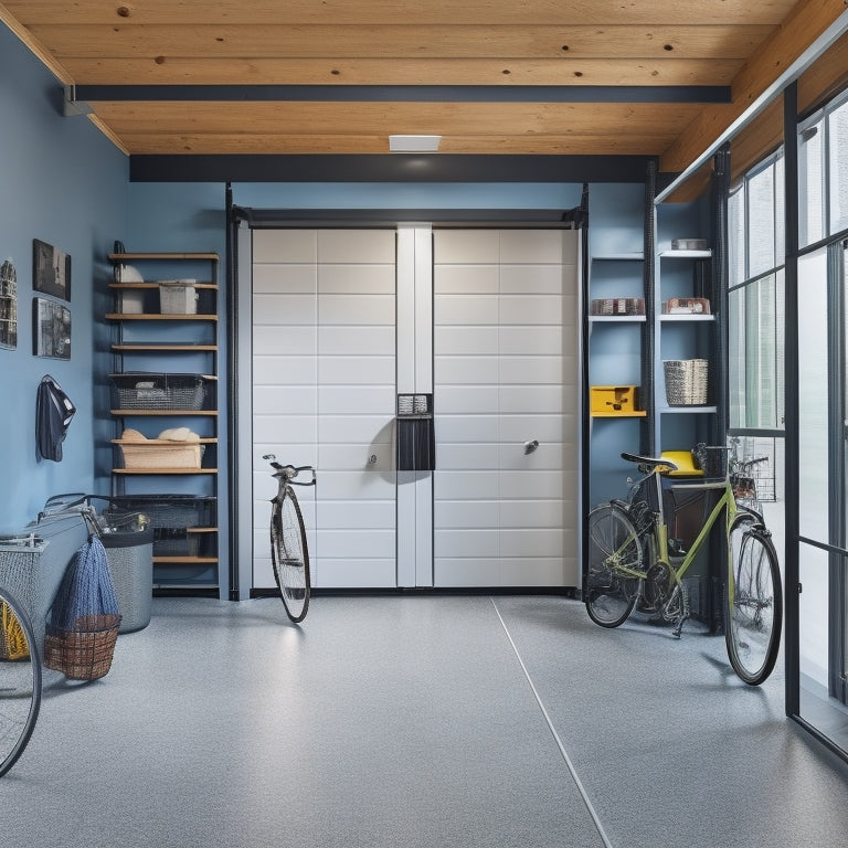 A clutter-free garage with a slatwall featuring hooks, bins, and baskets, a modular shelving unit, a ceiling-mounted bike rack, and a floor-to-ceiling storage cabinet with a sleek, modern design.