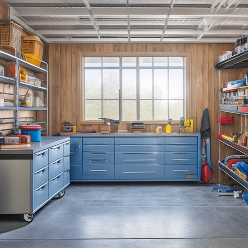 A clutter-free garage with a row of towering rolling tool boxes, each with 3-5 drawers of varying sizes, chrome handles, and a mix of open and closed drawers revealing organized tools and accessories.