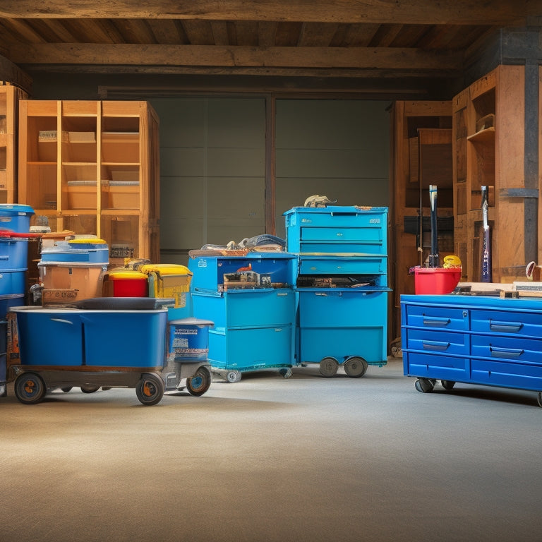 A clutter-free workshop background with three portable tool boxes on wheels, each with a distinct design, size, and color, arranged in a staggered formation with tools and equipment spilling out.