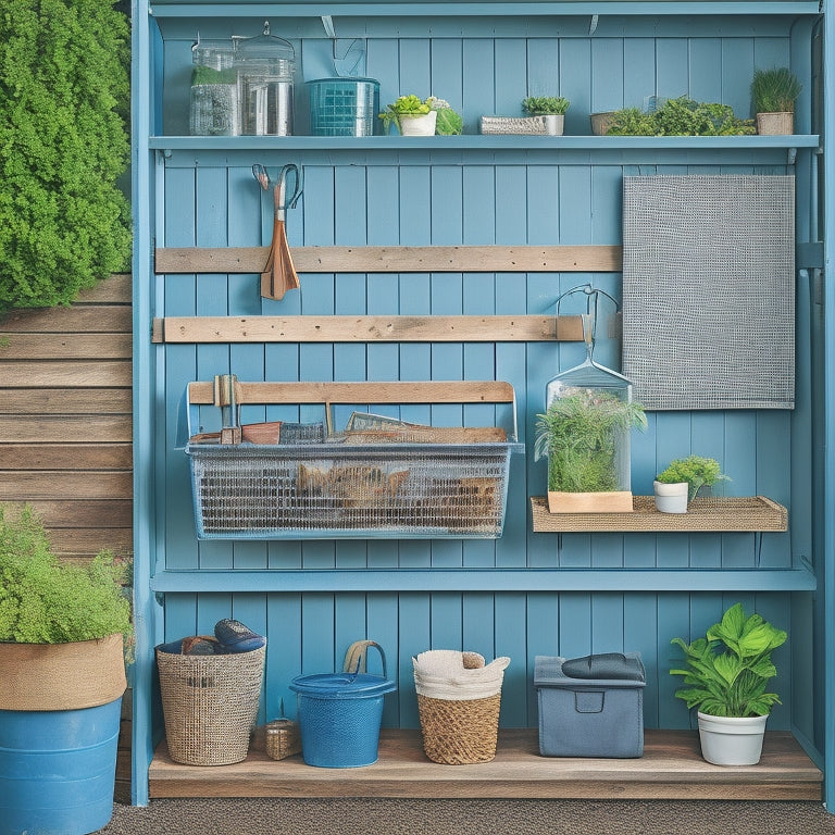 A clutter-free garden shed with a pegboard adorned with neatly hung gardening tools, a sleek shelving unit storing labeled bins, and a rustic wooden crate overflowing with rolled-up hoses and twine.