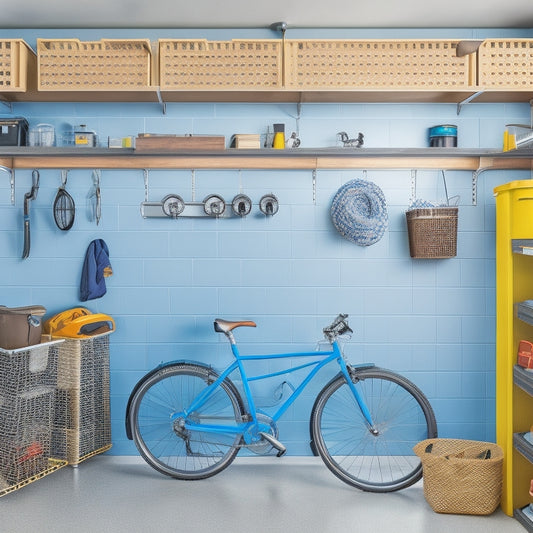 A tidy garage interior with a pegboard, hooks, and baskets on the wall, a shelving unit with labeled bins, and a slatwall with a bike and tool storage, all in a bright and organized space.
