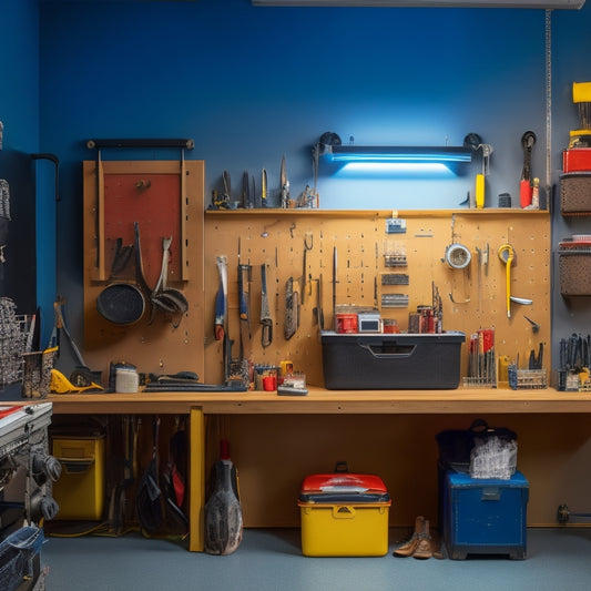 A well-lit, modern workshop with a large pegboard on the wall, adorned with neatly organized tools and accessories, including wrenches, pliers, screwdrivers, bins, and hooks, against a clean, gray background.