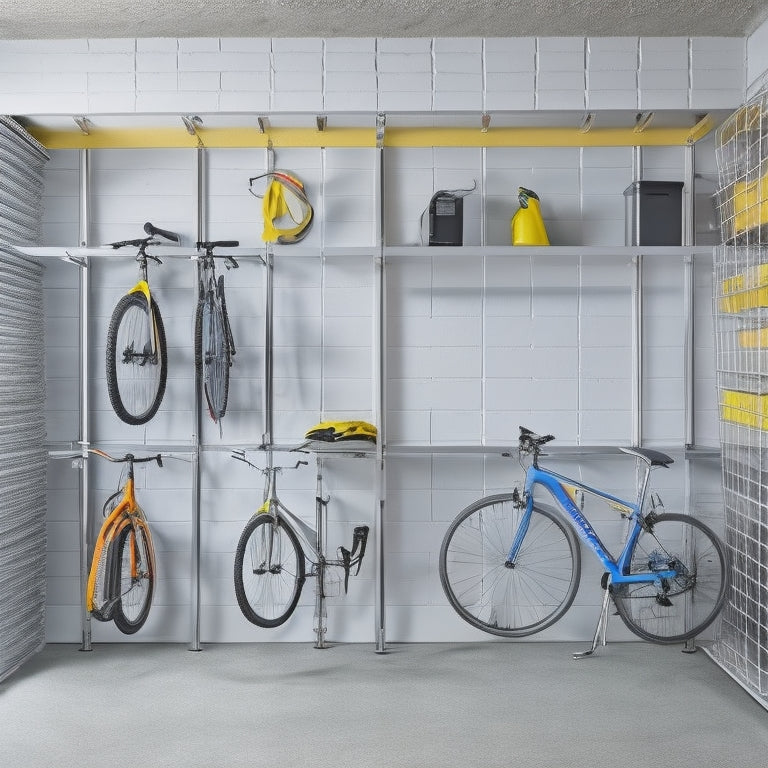 A tidy, organized garage with a sleek, silver shelving unit, three bicycles hung vertically on the wall, and a few neatly labeled storage bins on the floor, surrounded by a subtle, gray concrete background.